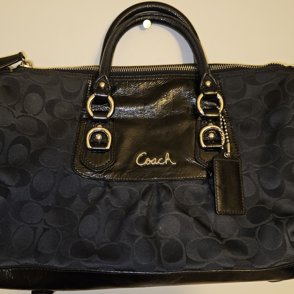 Coach Ashley Signature Black Satin Satchel F15443